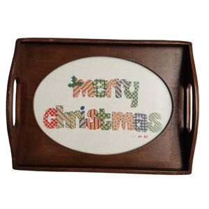 Vintage Needlepoint Glass Brown Wooden Decorative Lap Tray 12.5" 